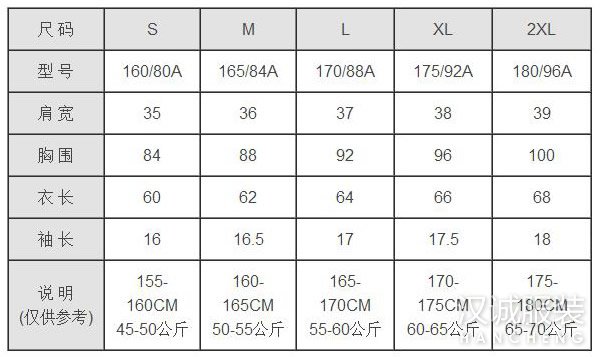 女士T恤尺码对照表